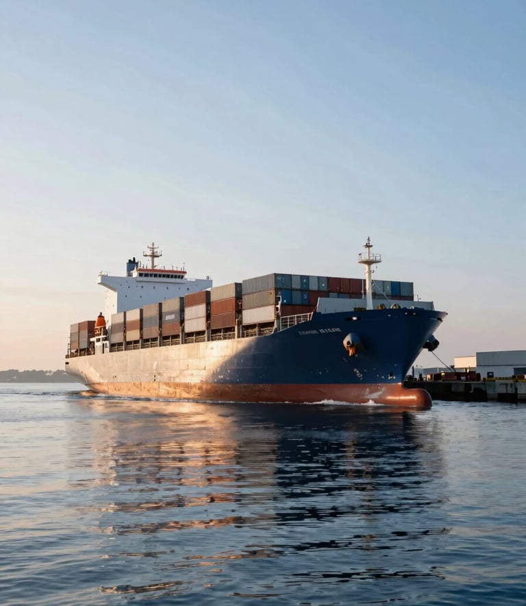 Cinematic wide-angle photograph of a massive container ship departing a modern deep-water port at sunrise. The calm ocean water reflects the ice blue sky. The atmosphere is professional and efficient, captured in a Global / International setting.