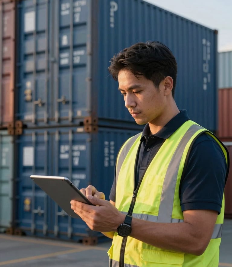 A professional logistics coordinator using a digital tablet in front of stacked blue shipping containers at a port, evening light, Global / International.