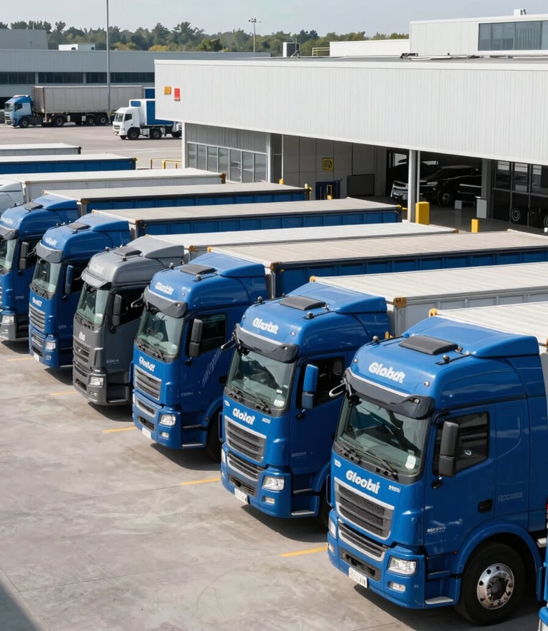 A fleet of professional blue freight trucks parked at a clean, modern logistics terminal under bright daylight, wide shot, Global / International.