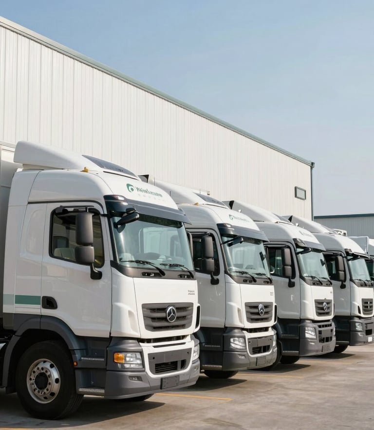 A row of modern white logistics trucks with subtle dark green branding parked at a clean, professional distribution center, bright morning sunlight, North American / International architecture.