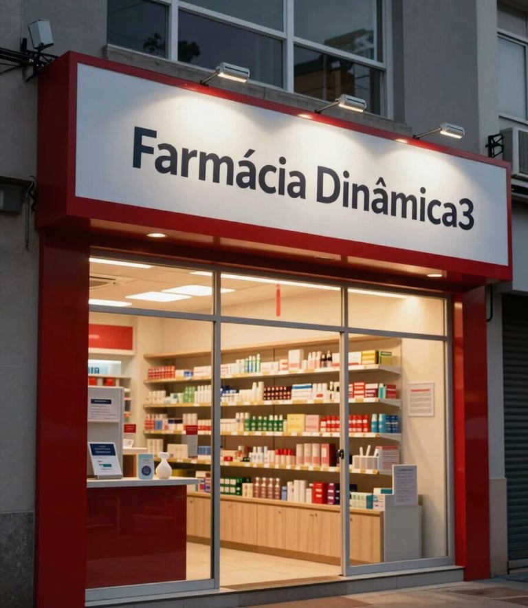 Photography of a modern pharmacy storefront in a vibrant South American / Brazilian neighborhood at dusk. The sign says 'Farmácia Dinâmica' in professional lettering. Warm lighting glows from inside, showcasing clean shelves and a welcoming atmosphere with deep red and charcoal accents.