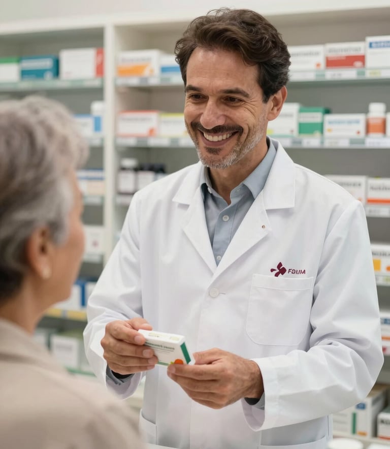 A professional pharmacist wearing a clean white coat with a subtle deep red logo, smiling warmly while explaining a medication package to an elderly customer in a modern, brightly lit South American / Brazilian pharmacy interior. Soft off-white and charcoal accents in the background.