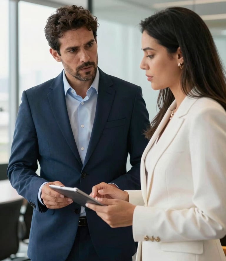 A professional portrait of two South American business partners, a man and a woman, in a sophisticated office in Brazil. They are dressed in professional attire—navy blue suit and a mist white blazer—engaged in a serious but positive discussion over a project. The lighting is bright and natural, reflecting credibility and trust.