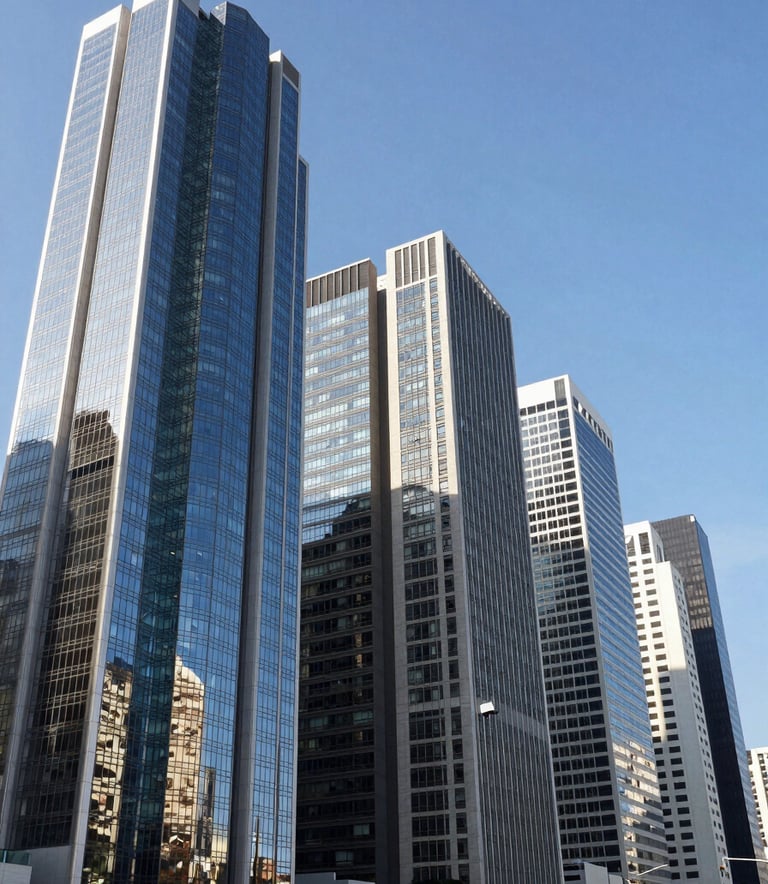 A wide-angle photography of a modern financial district in a Brazilian capital city. The architecture features glass and steel skyscrapers reflecting a clear sky blue. The scene is clean, professional, and captures the essence of stability and high-level corporate growth.