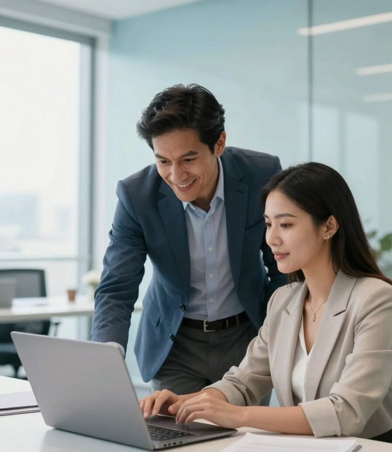 A professional mentor and a client in a modern South American office setting, looking at a laptop together with optimistic expressions. Bright natural light, clean interior with light blue and near white accents, professional yet supportive atmosphere.