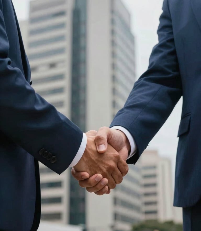 Close-up of two professionals shaking hands in a high-rise office in São Paulo. Trustworthy and corporate feel, daytime lighting, showcasing a successful professional connection. Palette colors like dark blue and medium blue are visible in their attire.