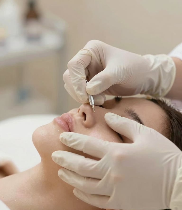 A macro shot of a gentle aesthetic procedure being performed by a professional in white gloves. Soft focus, elegant composition, with a color palette of cream and tan (#F9F4ED, #9E8C78).