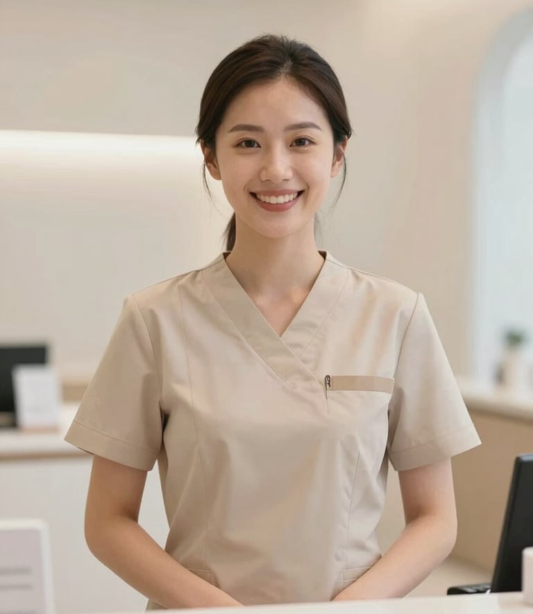 A professional female aesthetician in a tailored beige uniform, smiling warmly in a bright, modern clinic reception. The aesthetic is clean and professional, with soft lighting and neutral tones of #9E8C78 and #F9F4ED.