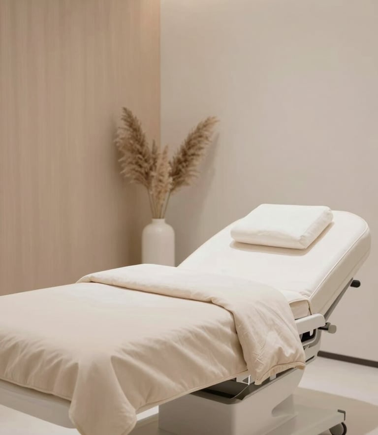 A high-end, minimalist treatment room featuring a sleek white clinical bed with plush beige linens. The background includes a subtle wooden wall panel and a vase with dry pampas grass, reflecting a serene and modern atmosphere with a palette of #DDCDBB and #F9F4ED.