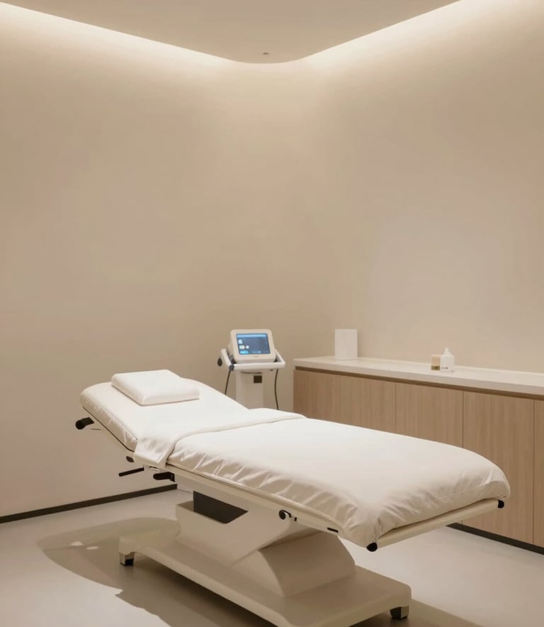 An ultra-modern and clean medical aesthetic treatment room. Minimalist design with beige walls, a professional treatment bed, and subtle warm lighting (#DDCDBB, #9E8C78).