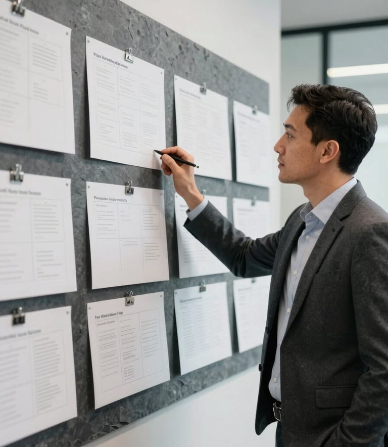 A professional marketing consultant in a North American / US office environment, looking at a wall of slate grey and pure white strategy boards. Professional attire. Results-driven atmosphere, sophisticated lighting.