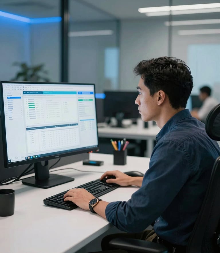 A focused digital strategist in a high-end North American / US office setting, viewed from the side, looking at a large monitor displaying data analytics. The environment features a pure white desk, a rich black ergonomic chair, and vibrant blue lighting accents reflecting off glass surfaces. The composition is professional and results-driven.