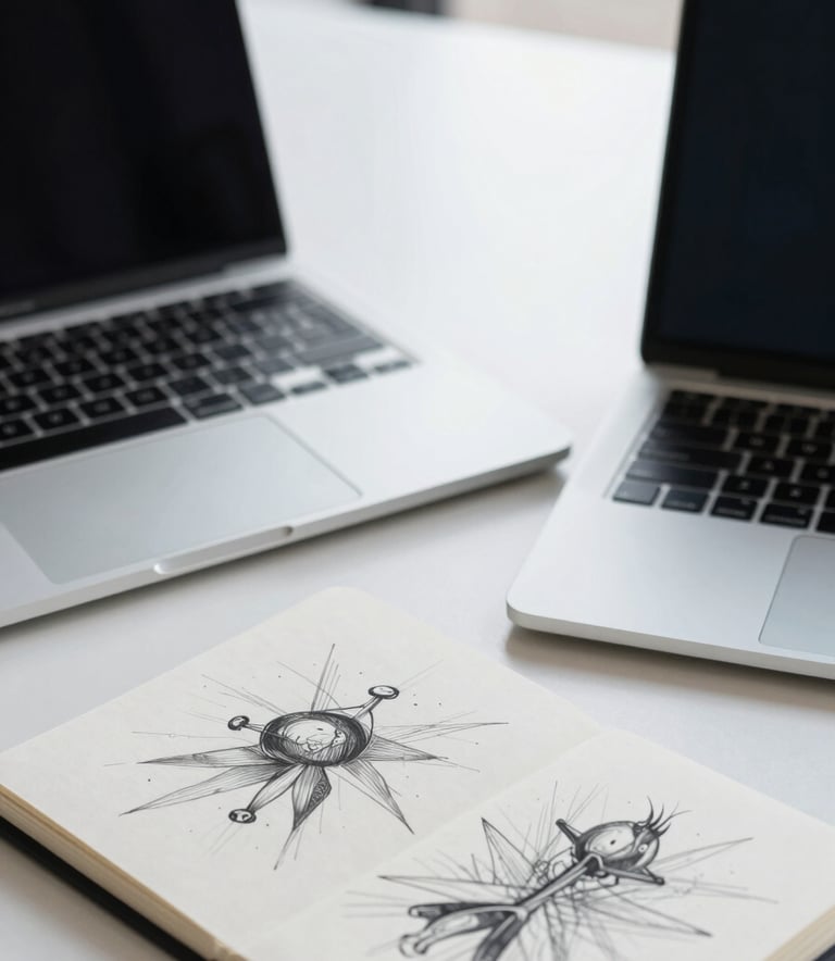 A close-up of a sleek, minimalist workplace in a North American / US office. A high-end laptop is open on a pure white surface next to a notebook with deep slate grey ink sketches. The scene is illuminated by soft, natural light, conveying an atmosphere of innovation and strategic thinking.