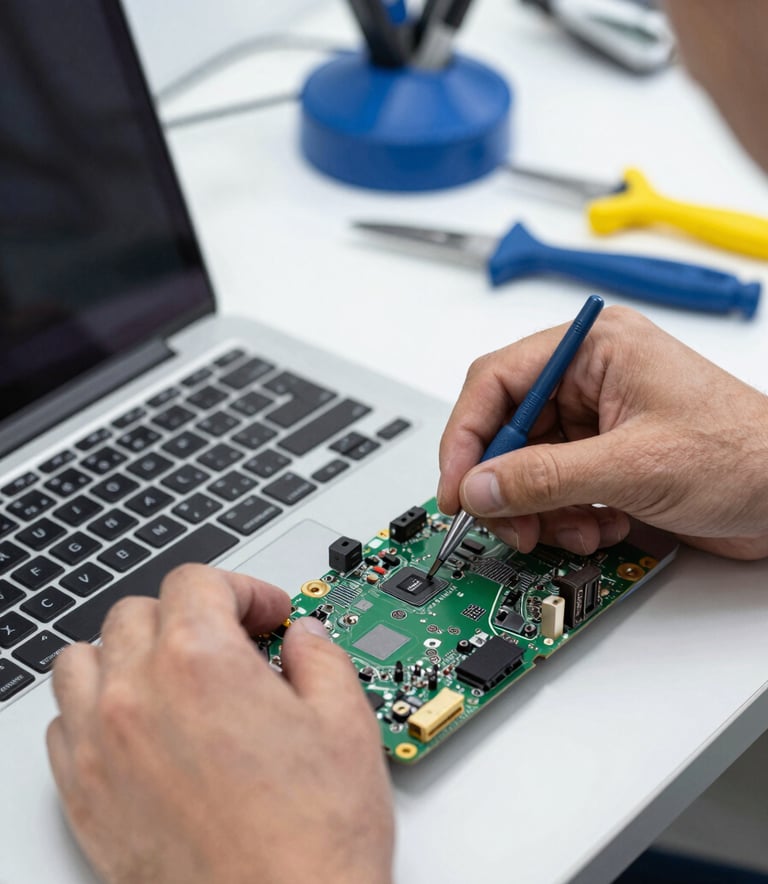 Close-up of a skilled technician's hands repairing a high-end laptop motherboard in a modern Sul-Americano / Brasileiro workshop. The environment is clean and organized, with bright White lighting and Dark Blue accents in the background tools.
