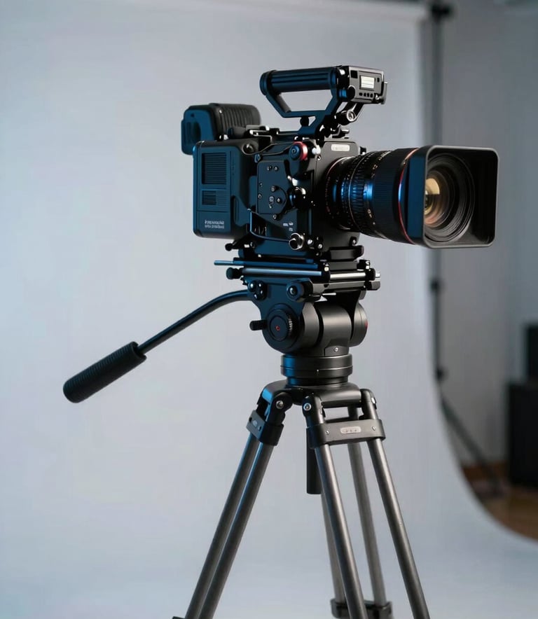 A high-end cinema camera on a professional tripod, positioned in a modern studio in a Sul-Americano / Brasileiro city. The lighting is cinematic and dramatic, featuring soft Blue and White highlights against a clean background.