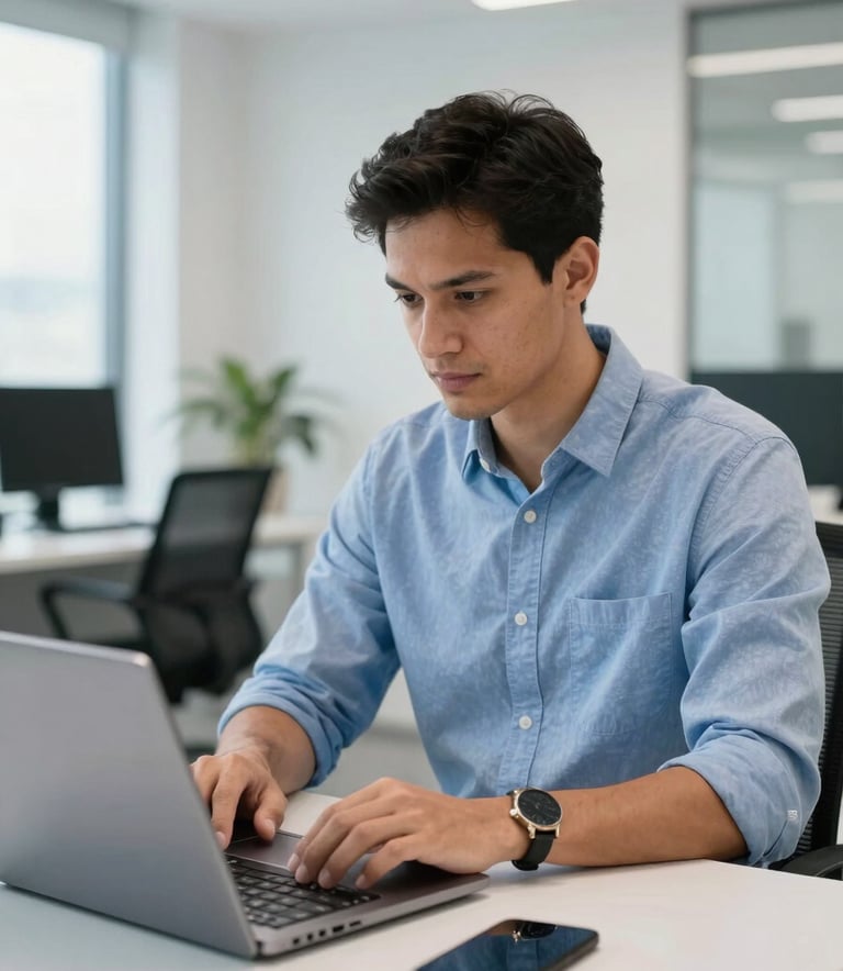 A professional IT specialist in a clean, modern Sul-Americano / Brasileiro office environment, focused on repairing a high-end laptop. The scene is bright with blue and white accents.
