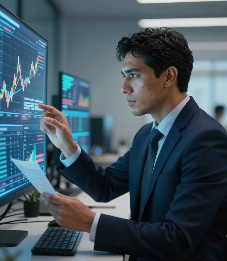 A focused Latin American professional in a high-tech office environment, analyzing holographic data charts of digital market trends. The lighting is dominated by deep navy and light blue tones, reflecting a sophisticated and results-oriented atmosphere.