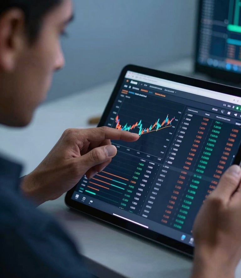 A close-up of a Latin American professional analyzing real-time cryptocurrency market data on a high-resolution tablet, soft blue ambient lighting, modern technology aesthetic, professional focus.