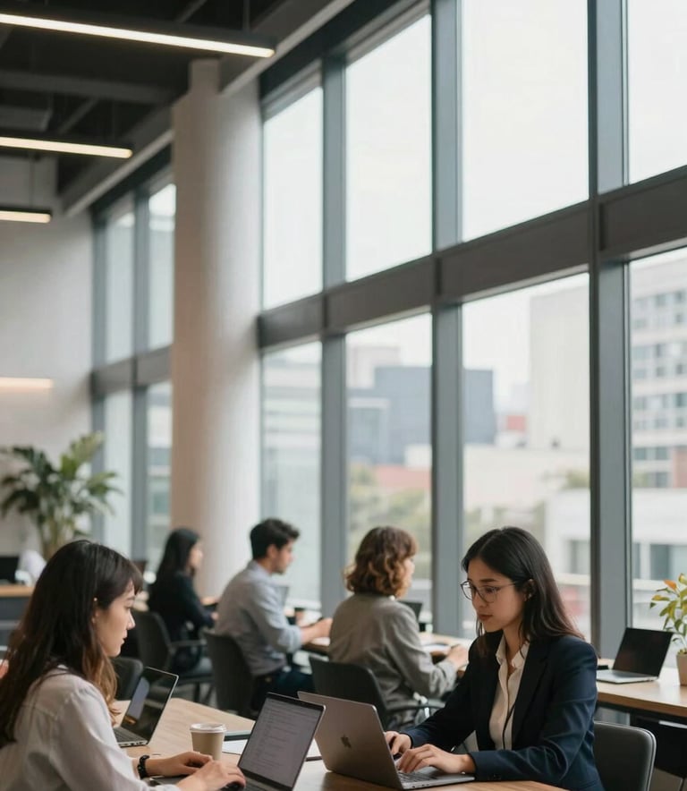 Modern co-working space in a Latin American business district, sleek architecture, professionals using laptops, bright natural light filtered through large windows.