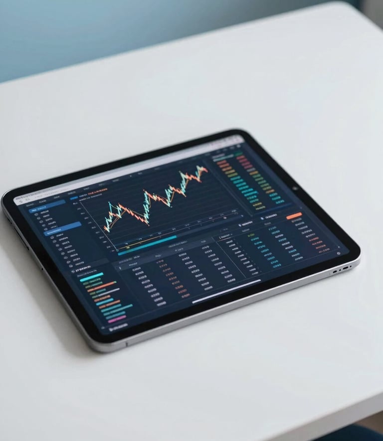 Clean, minimalist photography of a tablet displaying complex financial algorithms and digital marketing statistics, resting on a white desk in a bright room with soft light blue accents.