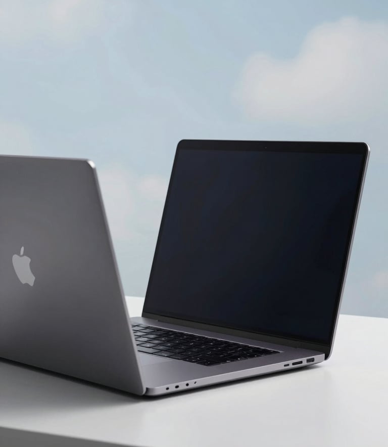 A close-up of a high-tech sleek laptop on a minimalist white desk in a room with soft pale cloud blue lighting.