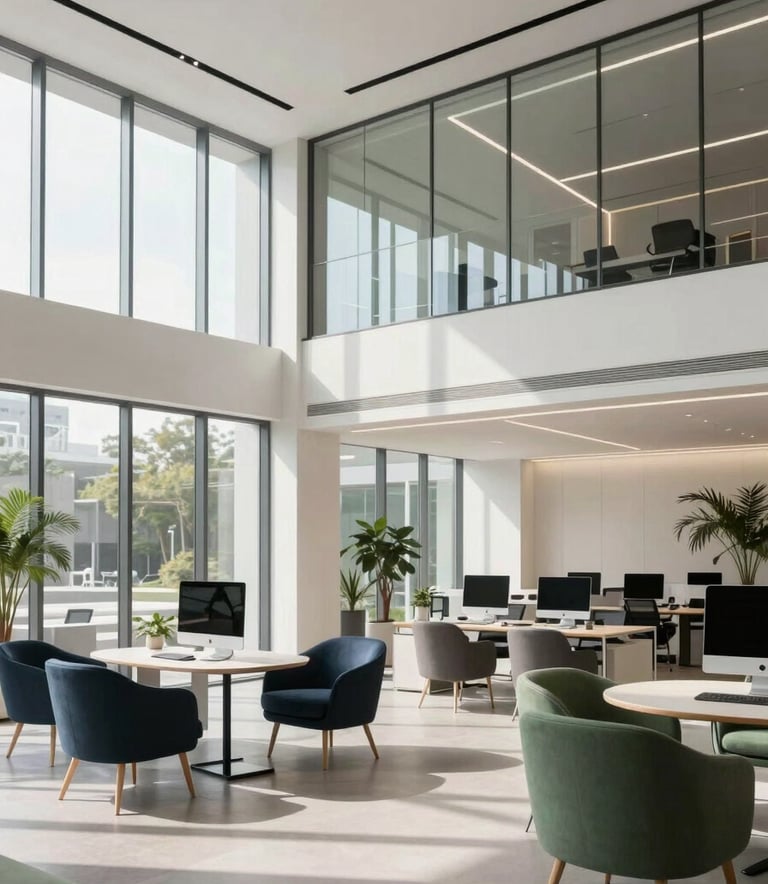 A professional wide-angle shot of a minimalist, modern tech office lobby. The architecture features clean lines, glass walls, and sophisticated furniture in shades of dark navy and sage green. Natural light creates a bright and welcoming atmosphere.