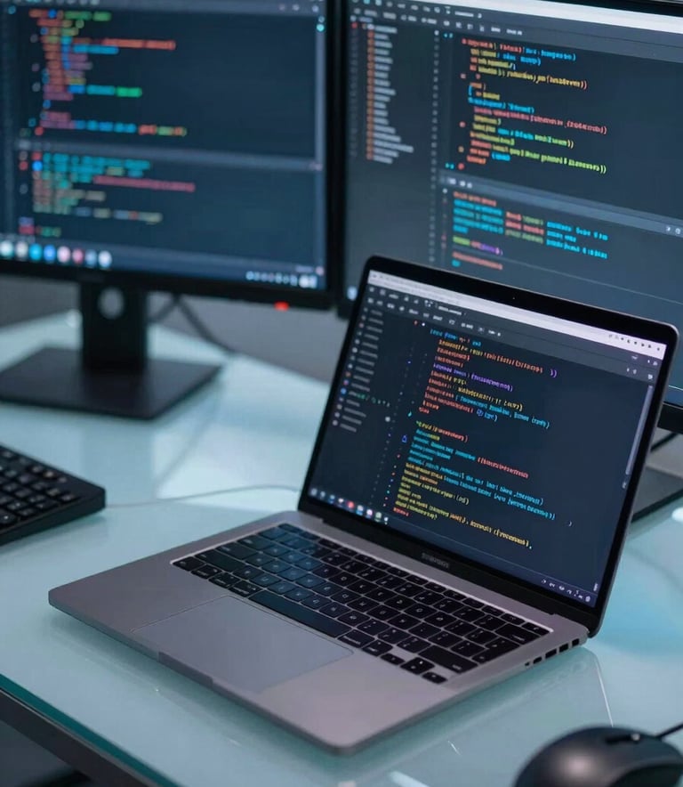 A close-up photograph of a professional workstation featuring a sleek, thin laptop and a dual-monitor setup showing lines of code and data analytics. The lighting is modern with soft ice blue and steel blue tones reflecting off the glass desk surface.