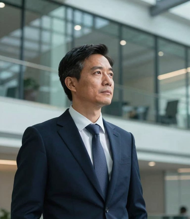 A professional technology consultant in a dark navy blue suit looking thoughtfully at a modern glass-walled office background with steel blue lighting.