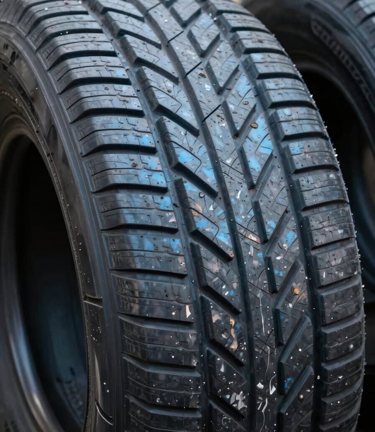Close-up photography of brand-new tire treads with sharp focus on the complex patterns. The lighting is professional and soft, using a palette of light blue and dark charcoal to emphasize the quality and durability of the wholesale inventory.