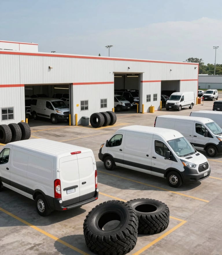 Wide-angle outdoor shot of a busy North American commercial tire center with several fleet delivery vans parked in front of large service bays, bright daylight.