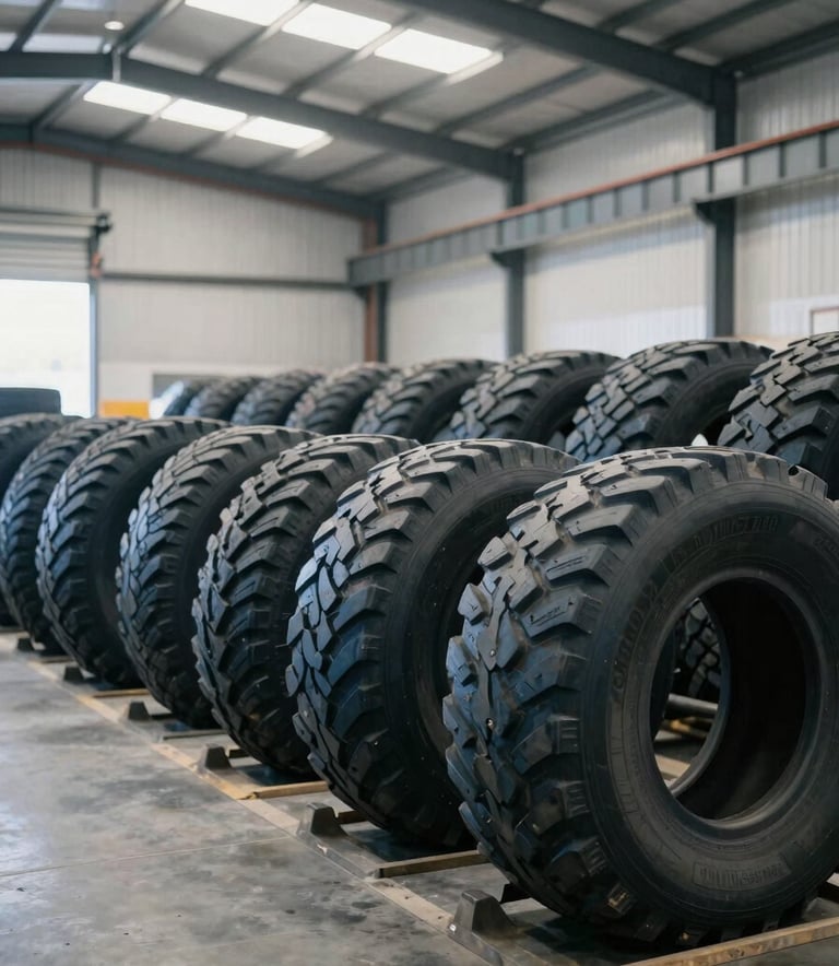 A wide-angle professional photograph of a clean, organized North American industrial tire warehouse. Large stacks of tires reach toward high ceilings, with bright, cool-toned lighting highlighting efficiency and scale. Deep muted blue and off-white color palette.