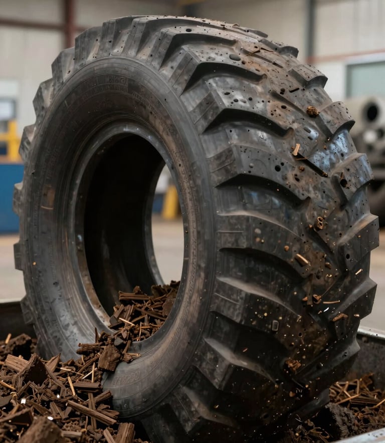 Clean, industrial close-up of recycled tire rubber processed into uniform mulch in a North American facility, professional business lighting.