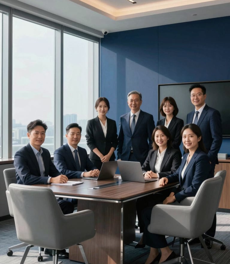 A professional portrait of a business team in a corporate boardroom with large windows. The interior features deep navy blue accents and soft silver gray furniture, with pale ice blue morning light streaming in.