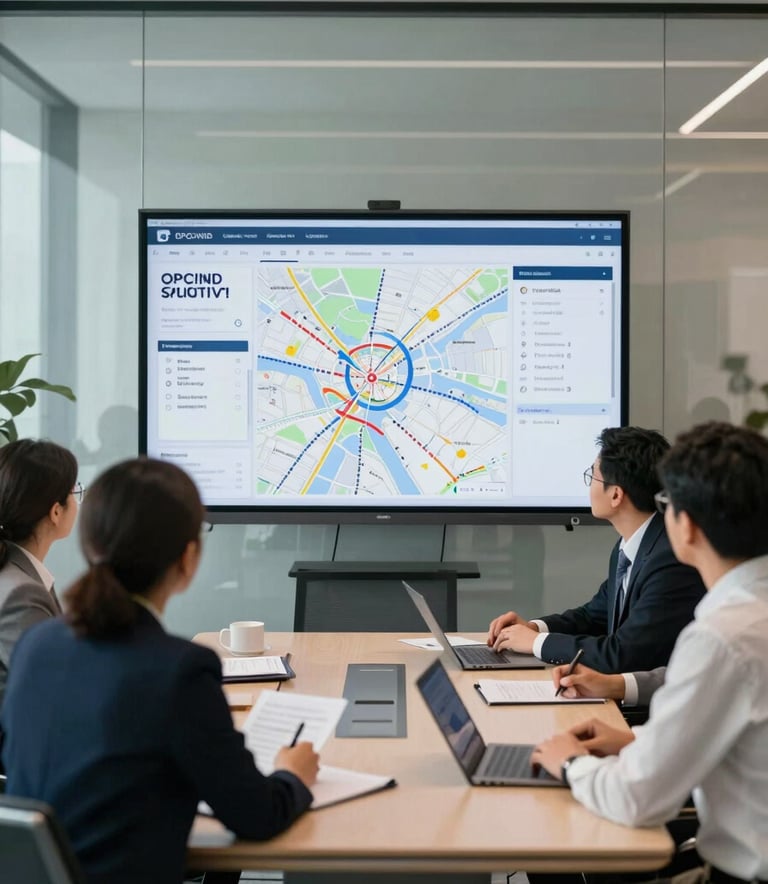 A professional corporate team in a modern glass-walled boardroom discussing operations over a large digital screen displaying logistics maps, navy blue and soft off-white professional tones.
