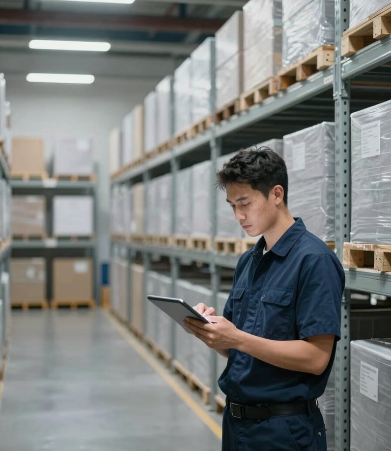 Interior of a modern, well-lit logistics fulfillment center with tall shelving systems and a technician using a tablet, pale gray and dark blue corporate aesthetic.