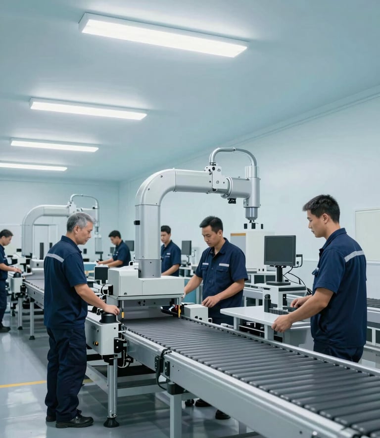 A wide-angle professional photograph of a high-tech logistics hub with workers wearing deep navy blue uniforms. The environment is clean and minimal, featuring soft silver gray automated conveyor systems and bright pale ice blue overhead lighting.
