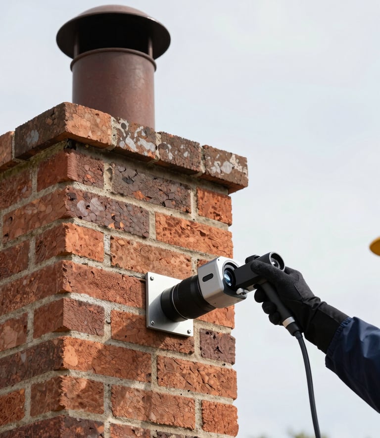 Close-up photography of a professional chimney inspection in a North American home, showing a high-tech inspection camera being lowered into a clean brick flue under bright, natural daylight.
