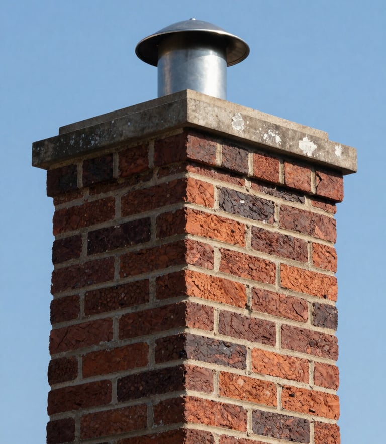 Detailed photography of a classic North American brick chimney against a clear blue sky, showing clean mortar lines and a professional stainless steel chimney cap, sharp focus.