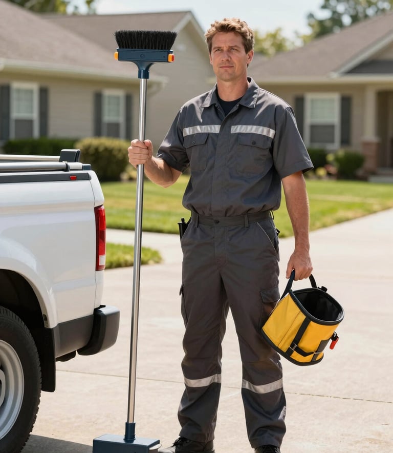 A professional chimney sweep wearing a clean uniform with dark slate and silver accents, standing next to a service vehicle in a sunny North American suburban driveway, holding professional brushes and safety gear.