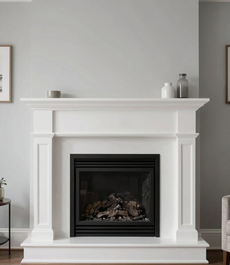 A bright, clean North American living room featuring a well-maintained modern fireplace with a white mantel, professionally lit to emphasize a safe and cozy atmosphere, using a palette of silver and soft grey.