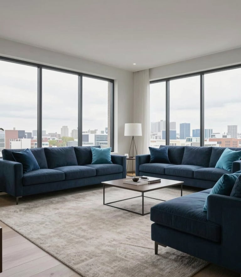 A wide-angle photography shot of a pristine, modern North American living room in Chicago with floor-to-ceiling windows and expertly cleaned light-colored carpets, featuring subtle navy blue and cyan accents in the furniture.