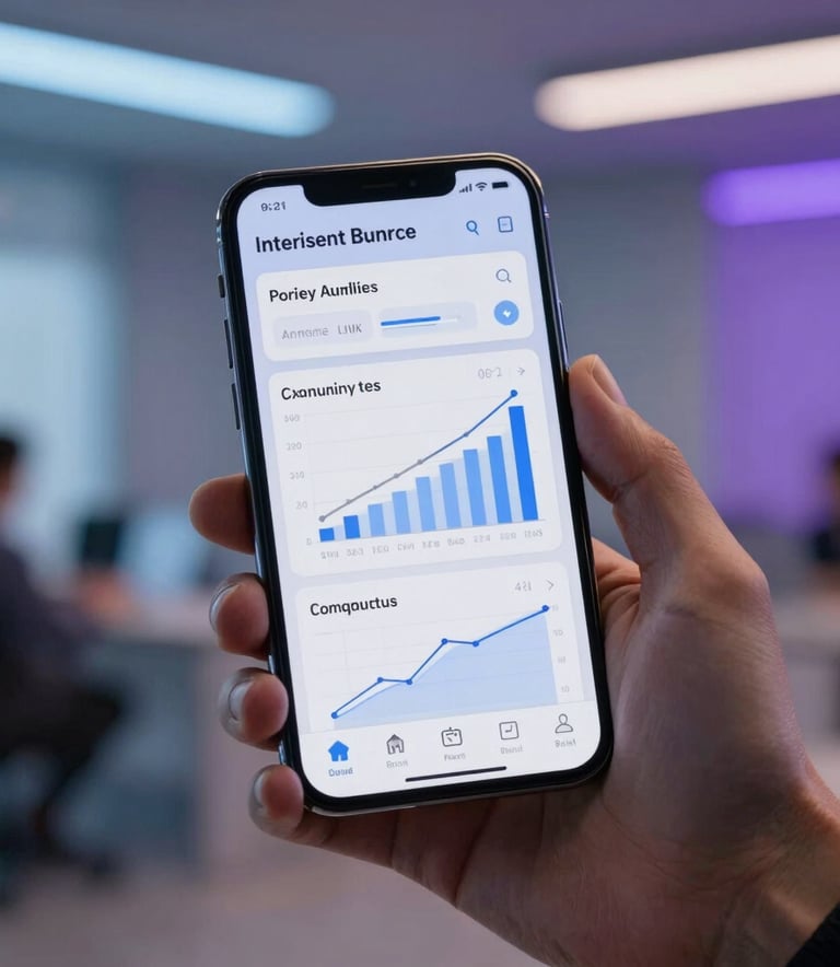 A close-up of a high-end smartphone being held in a modern North American office, displaying a sleek social media analytics dashboard with growth charts, soft indigo and purple ambient lighting in the background.