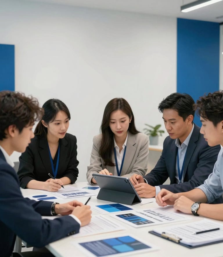 A medium shot of a professional marketing team in a North American office collaborating around a large table, reviewing brand assets on a tablet. The atmosphere is innovative, with ghost white walls and indigo decor.
