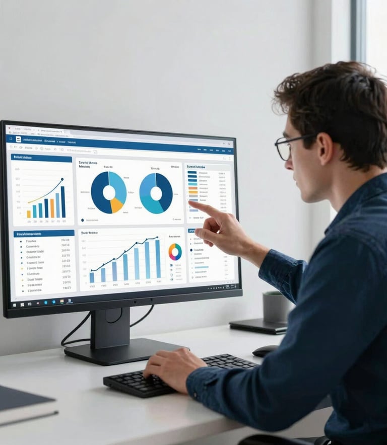 A focused professional in a minimalist North American office analyzing complex social media marketing data on a large monitor, clean composition with indigo accents.
