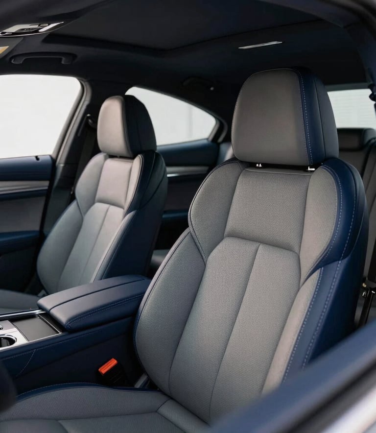 Close-up photography of the interior of a luxury executive car with dark blue and gray leather seats, showing premium finishes and a spacious cabin. South American / Brazilian professional setting, soft natural light through tinted windows.