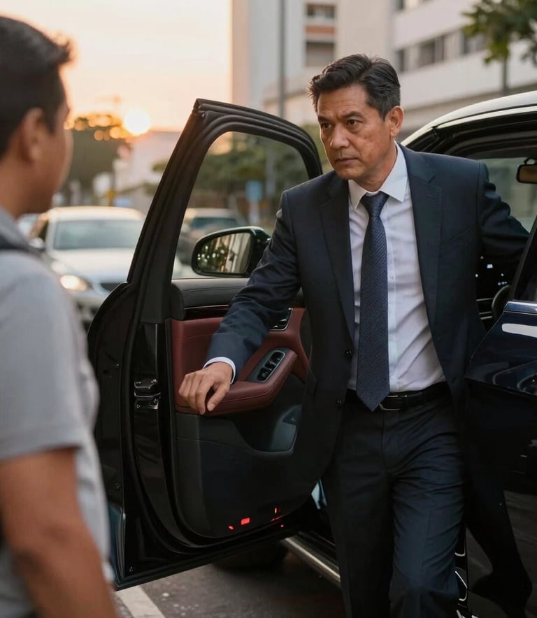 A professional driver in a dark suit opening the rear door of a luxury car for a passenger. South American / Brazilian urban setting, golden hour lighting creating a warm and trustworthy atmosphere.