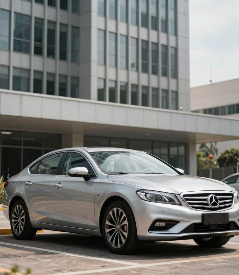 A luxury silver sedan parked in a clean, modern parking area in front of a high-end corporate building in South America / Brazil. Bright, daylight photography emphasizing professionalism and trust.