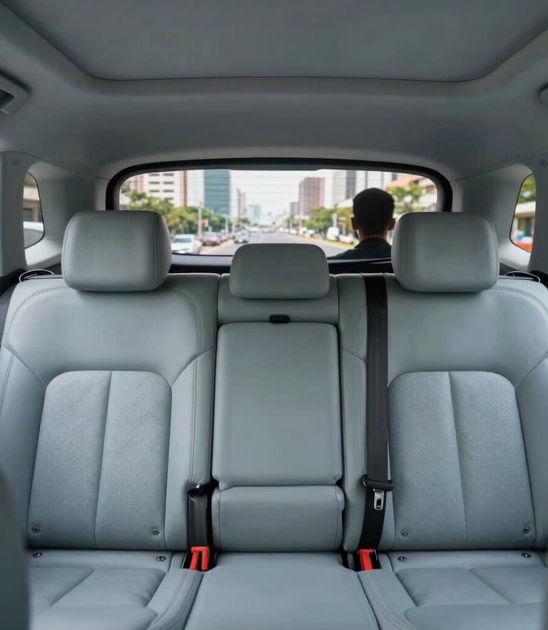 Interior view of a high-end vehicle from the back seat, showing comfortable leather upholstery in light gray-blue. A professional driver is visible in silhouette through the front window. South American / Brazilian city architecture is blurred in the background.