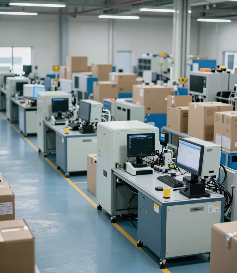 An organized international distribution center with high-tech logistics equipment, clean slate blue and soft white palette, professional industrial style.