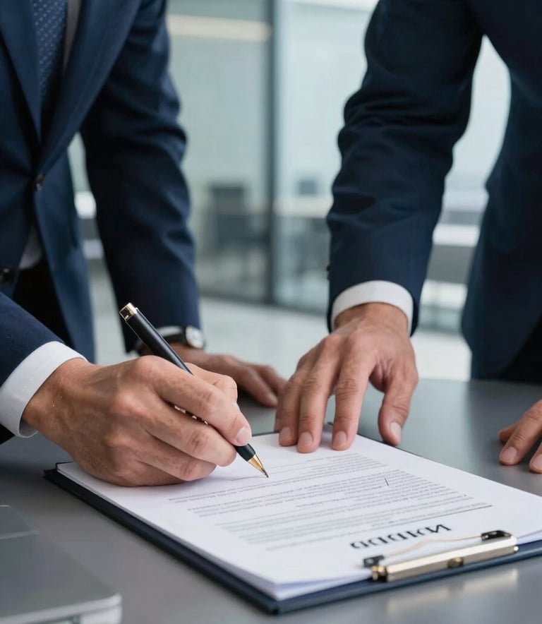 A close-up of a professional trade contract being signed in a modern glass-walled office, soft navy blue and slate blue tones, International Corporate Business setting.